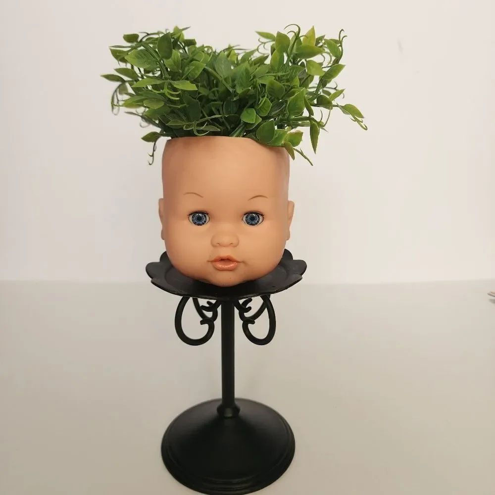 Handmade By Me Doll Head Planter On a Metal Pedestal